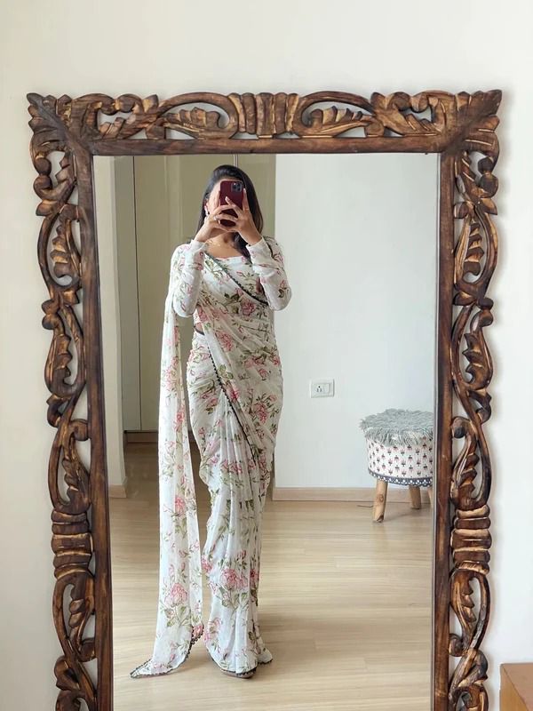 Energetic 1-Minute Ready To Wear White Georgette Saree
