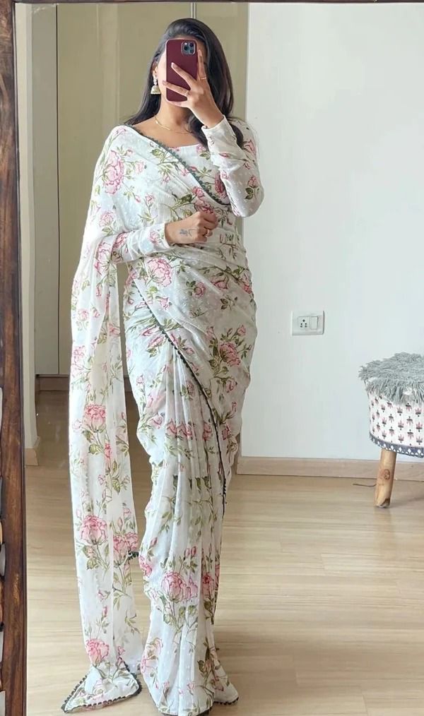 Energetic 1-Minute Ready To Wear White Georgette Saree