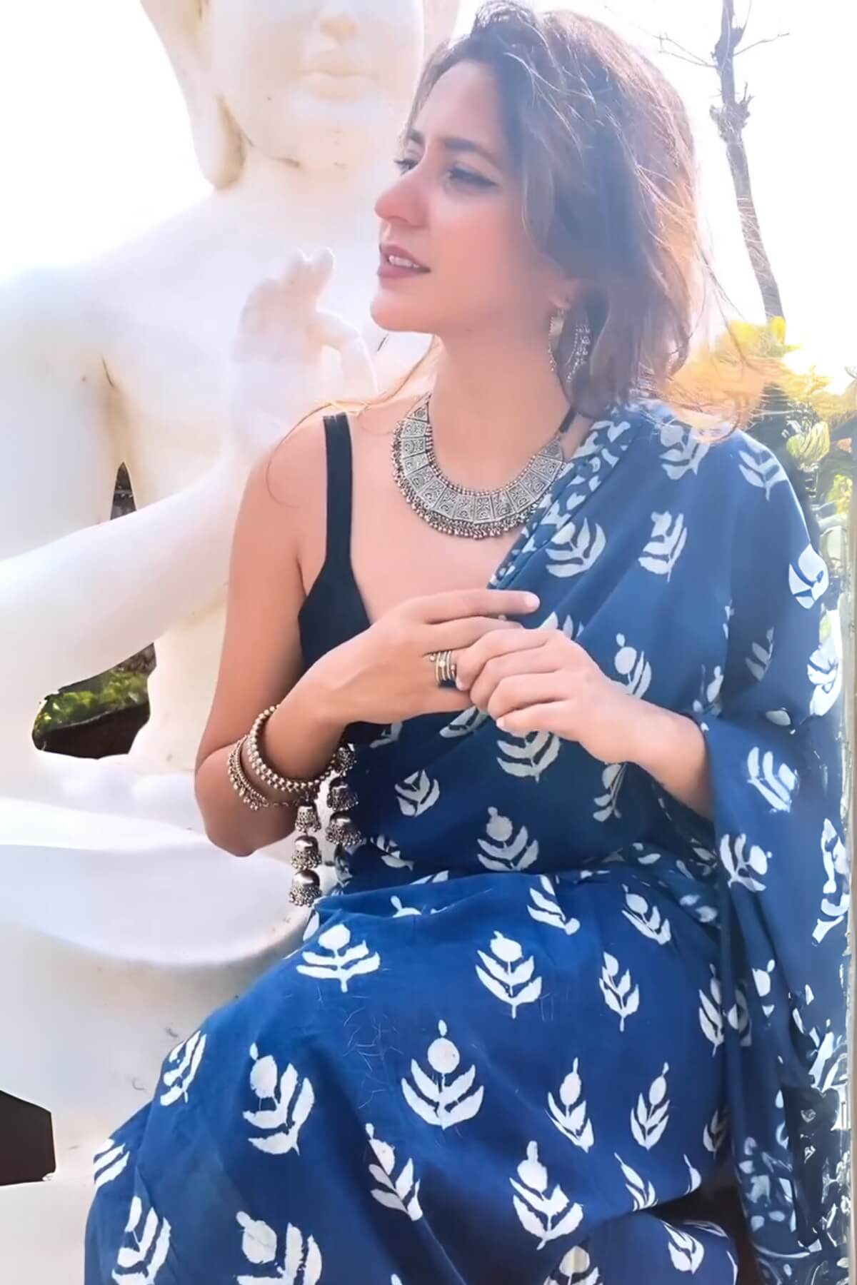 Ethnic 1 Minute Ready To Wear Blue Mul Cotton Digital Printed Saree With Pocket