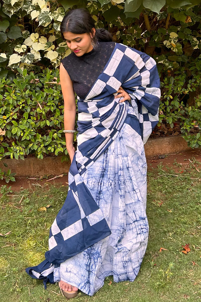 Adorable 1 Minute Ready To Wear Blue Mul Cotton Digital Printed Saree With Pocket