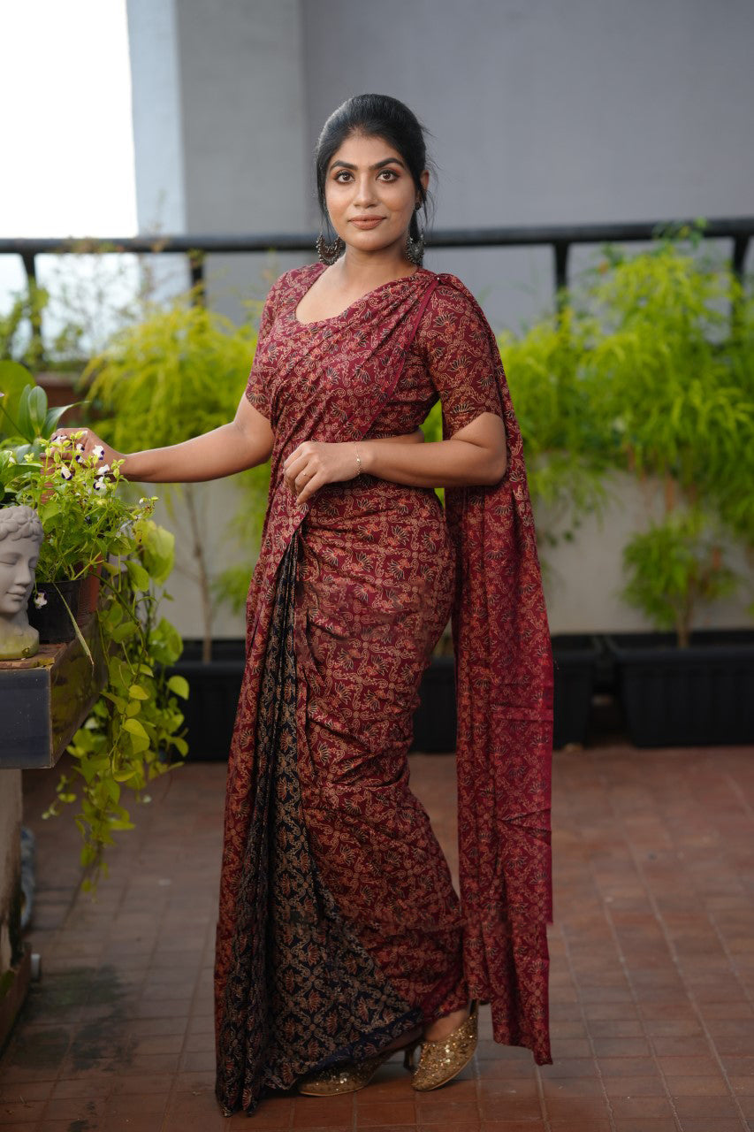 Classic 1 Minute Ready To Wear Maroon Mul Cotton Digital Printed Saree With Pocket