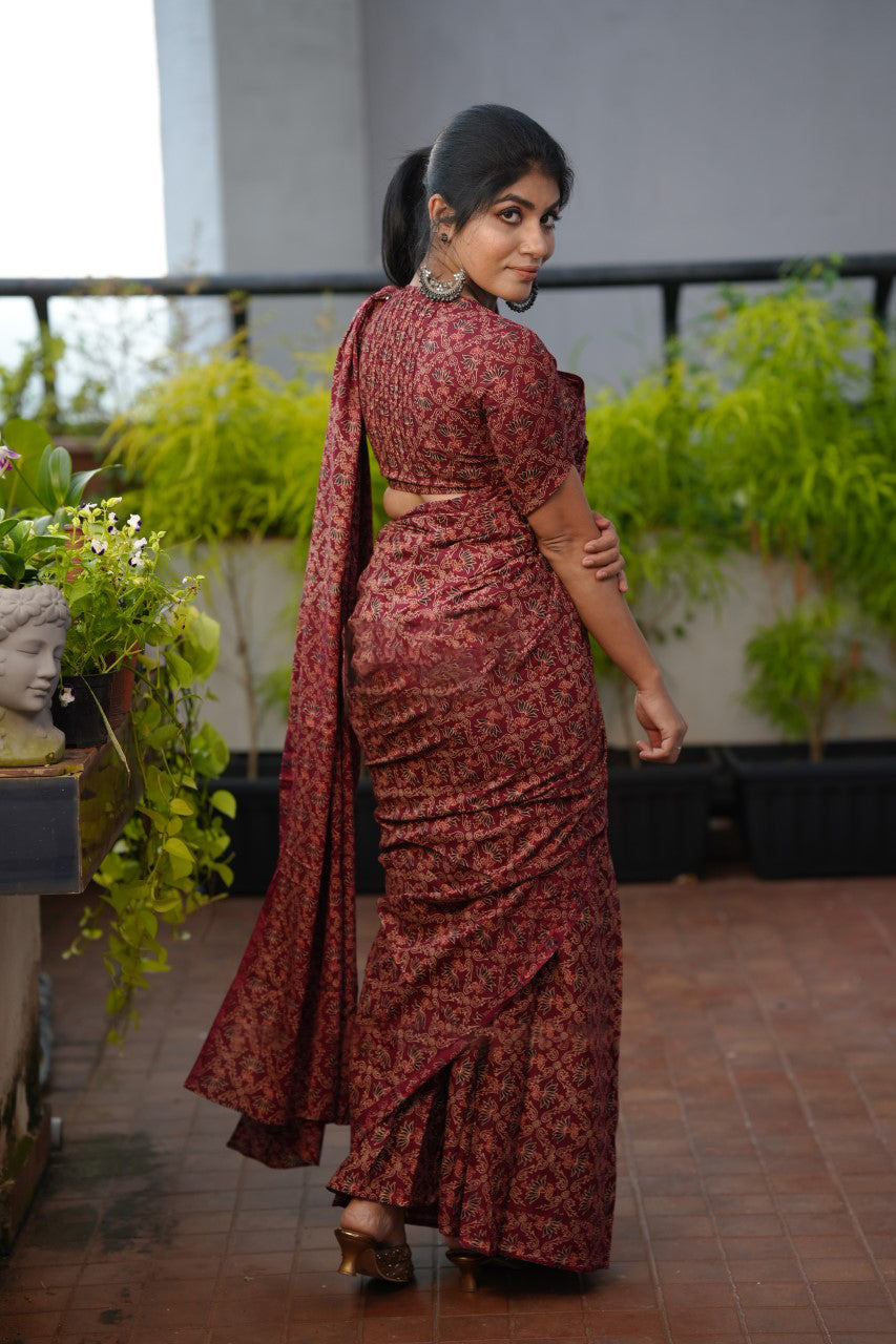 Classic 1 Minute Ready To Wear Maroon Mul Cotton Digital Printed Saree With Pocket