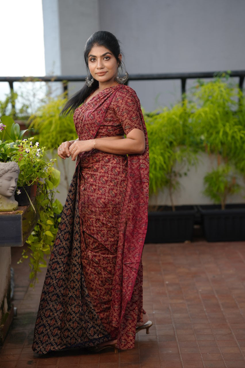 Classic 1 Minute Ready To Wear Maroon Mul Cotton Digital Printed Saree With Pocket