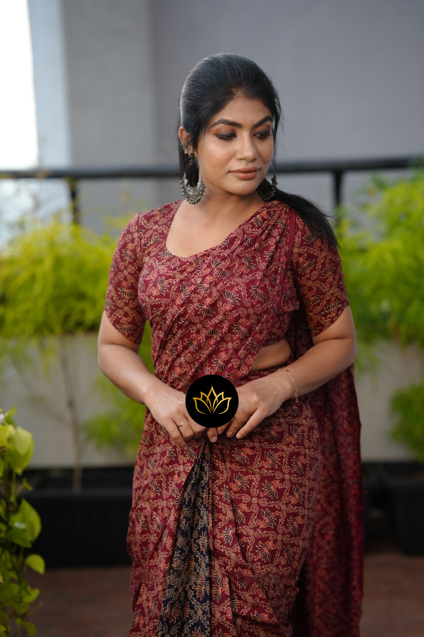 Classic 1 Minute Ready To Wear Maroon Mul Cotton Digital Printed Saree With Pocket