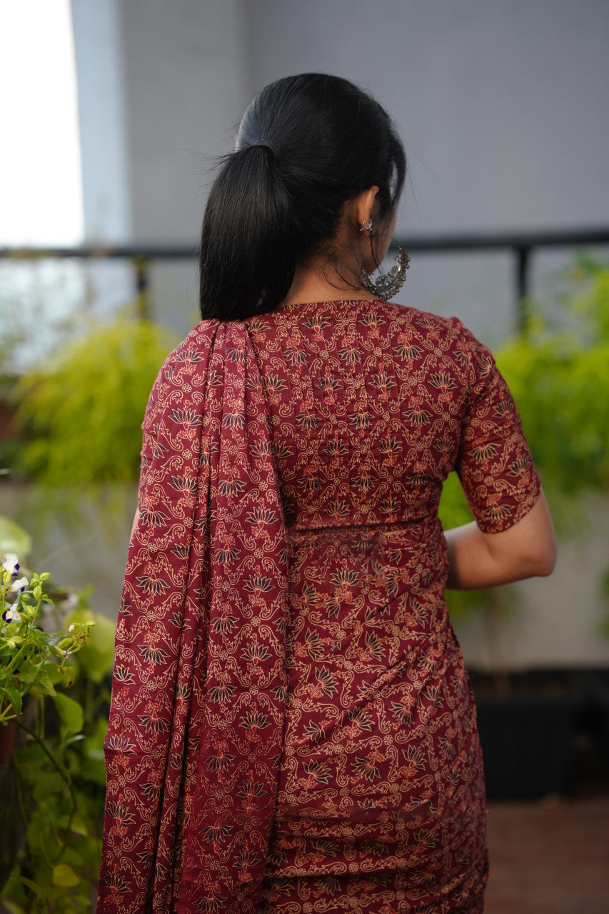 Classic 1 Minute Ready To Wear Maroon Mul Cotton Digital Printed Saree With Pocket