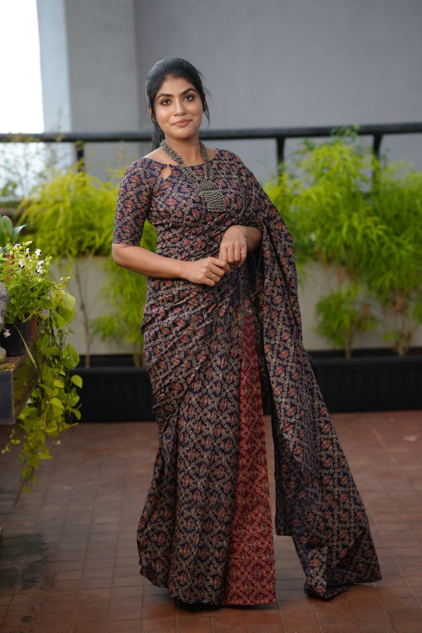 Admirable 1 Minute Ready To Wear Navy Blue Mul Cotton Digital Printed Saree With Pocket