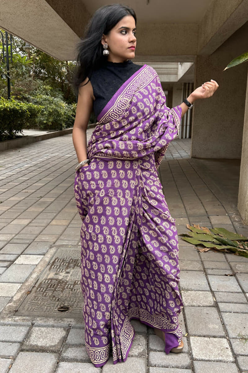 Enthralling 1 Minute Ready To Wear Lavender Mul Cotton Digital Printed Saree With Pocket