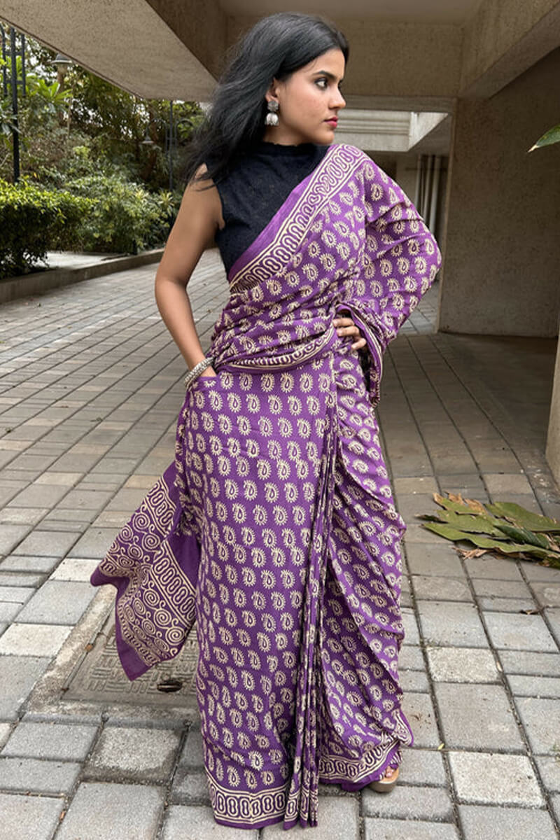Enthralling 1 Minute Ready To Wear Lavender Mul Cotton Digital Printed Saree With Pocket