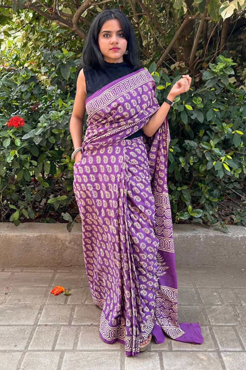 Enthralling 1 Minute Ready To Wear Lavender Mul Cotton Digital Printed Saree With Pocket