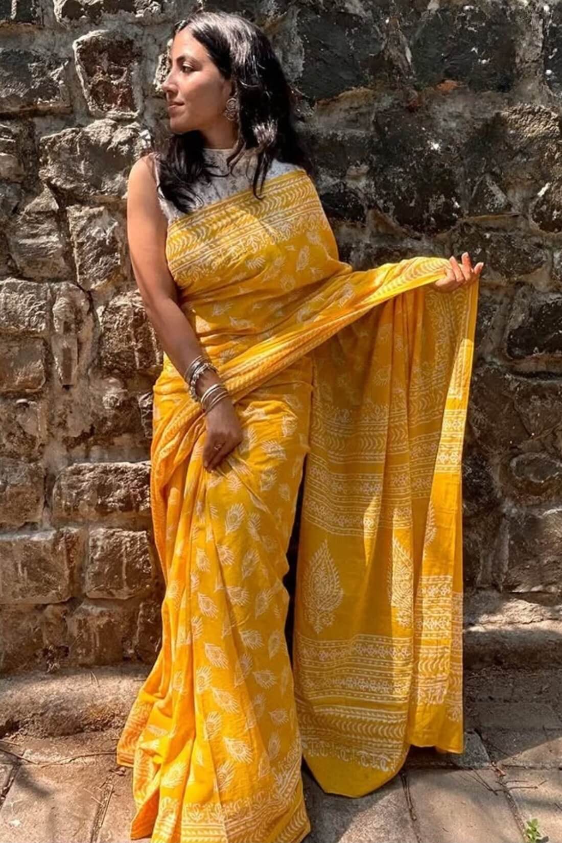 Magnetic 1 Minute Ready To Wear Yellow Mul Cotton Digital Printed Saree With Pocket