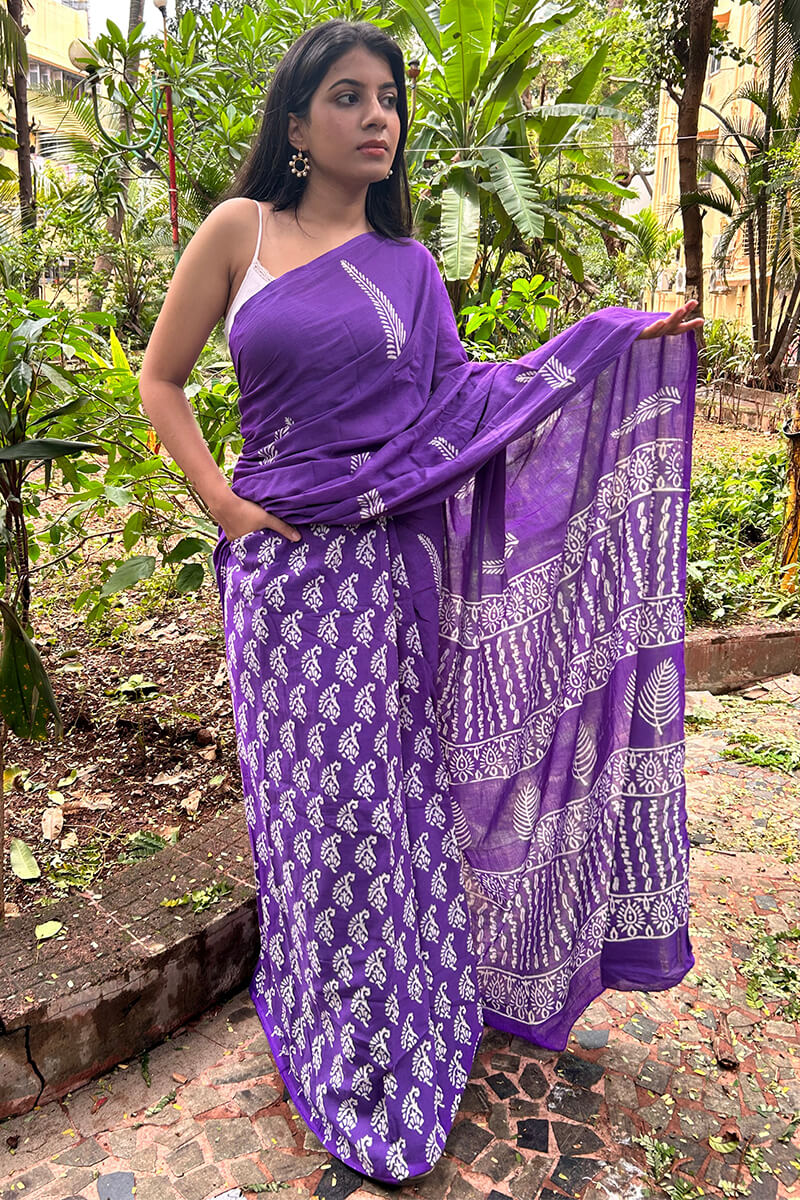 Whimsical 1 Minute Ready To Wear Purple Mul Cotton Digital Printed Saree With Pocket
