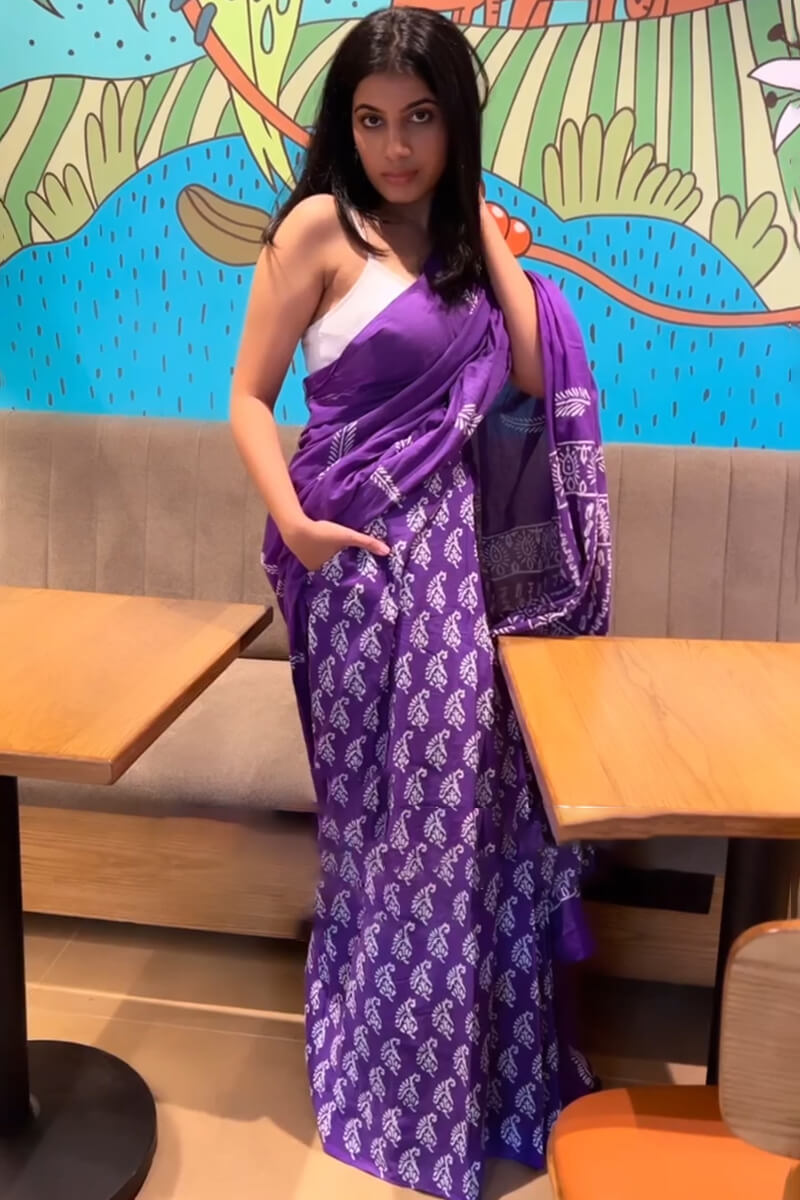 Whimsical 1 Minute Ready To Wear Purple Mul Cotton Digital Printed Saree With Pocket
