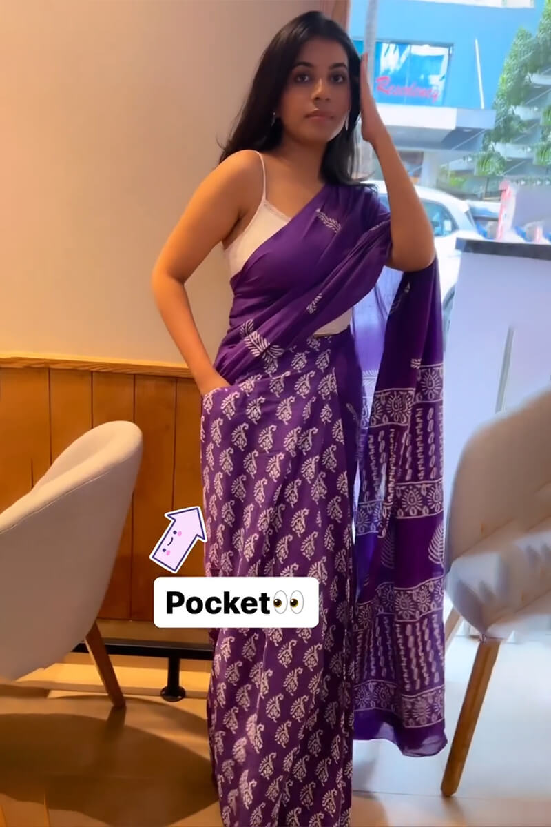Whimsical 1 Minute Ready To Wear Purple Mul Cotton Digital Printed Saree With Pocket