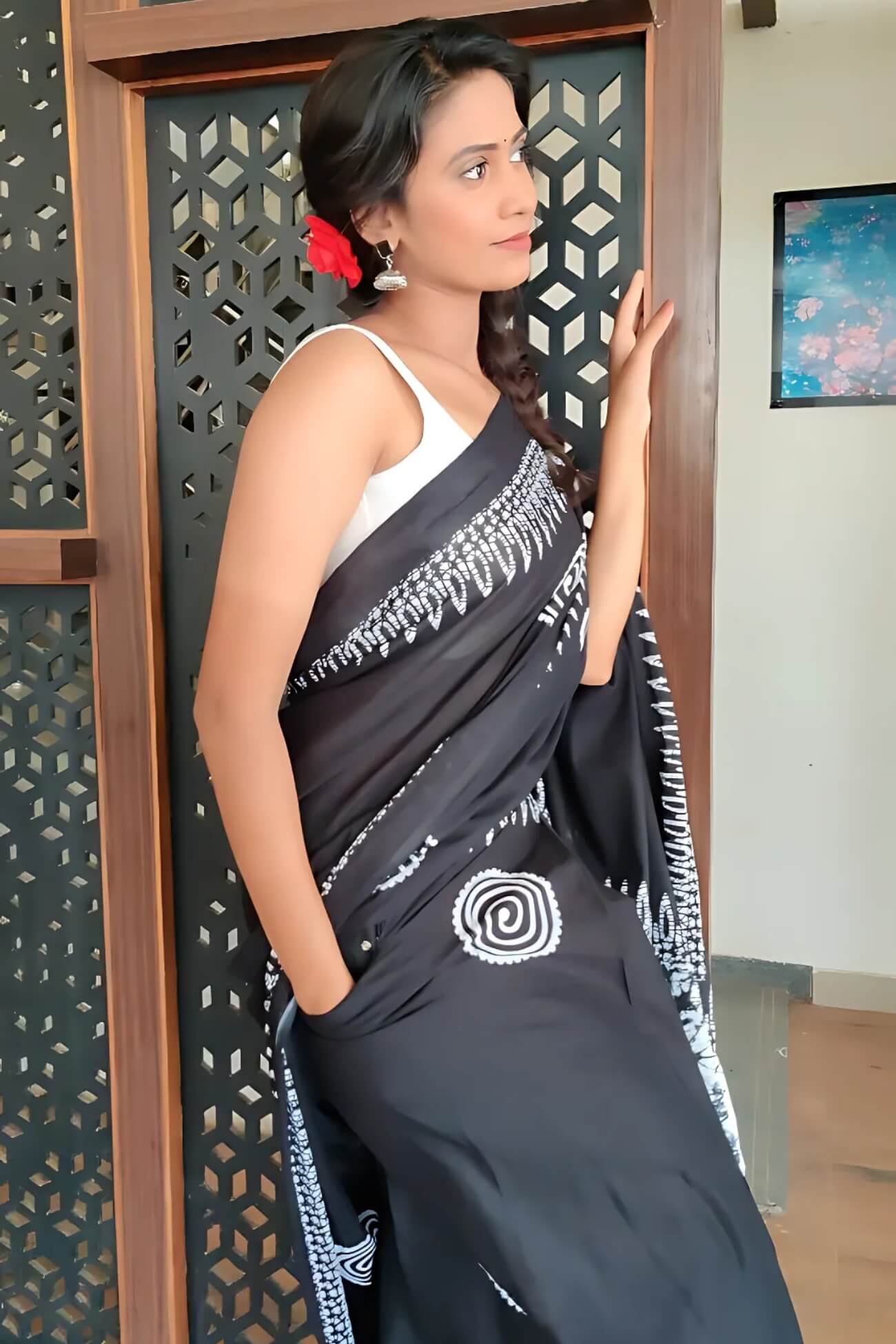 Glowing 1 Minute Ready To Wear Black Mul Cotton Digital Printed Saree With Pocket