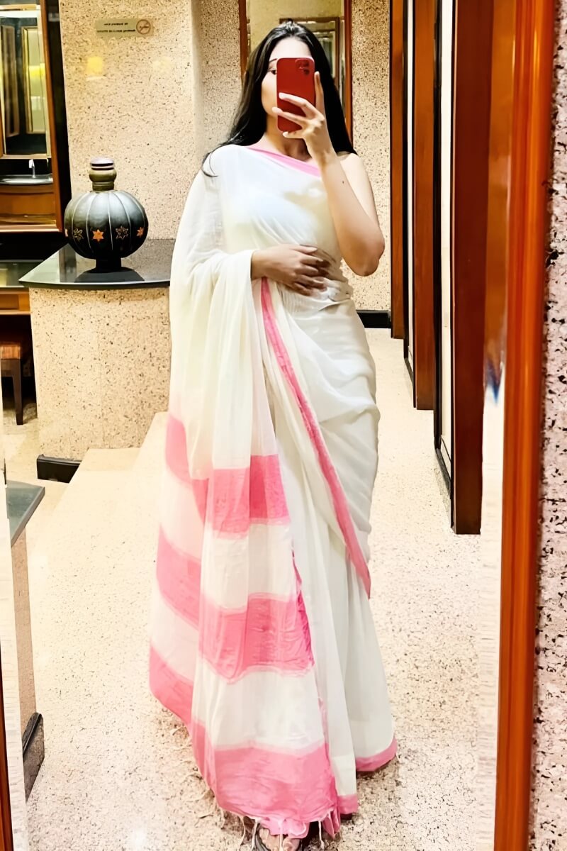 Woebegone 1 Minute Ready To Wear Off White Mul Cotton Digital Printed Saree With Pocket