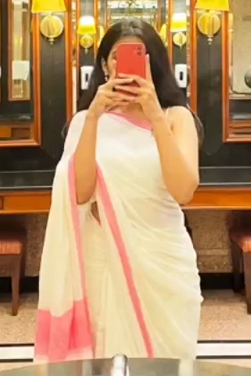 Woebegone 1 Minute Ready To Wear Off White Mul Cotton Digital Printed Saree With Pocket