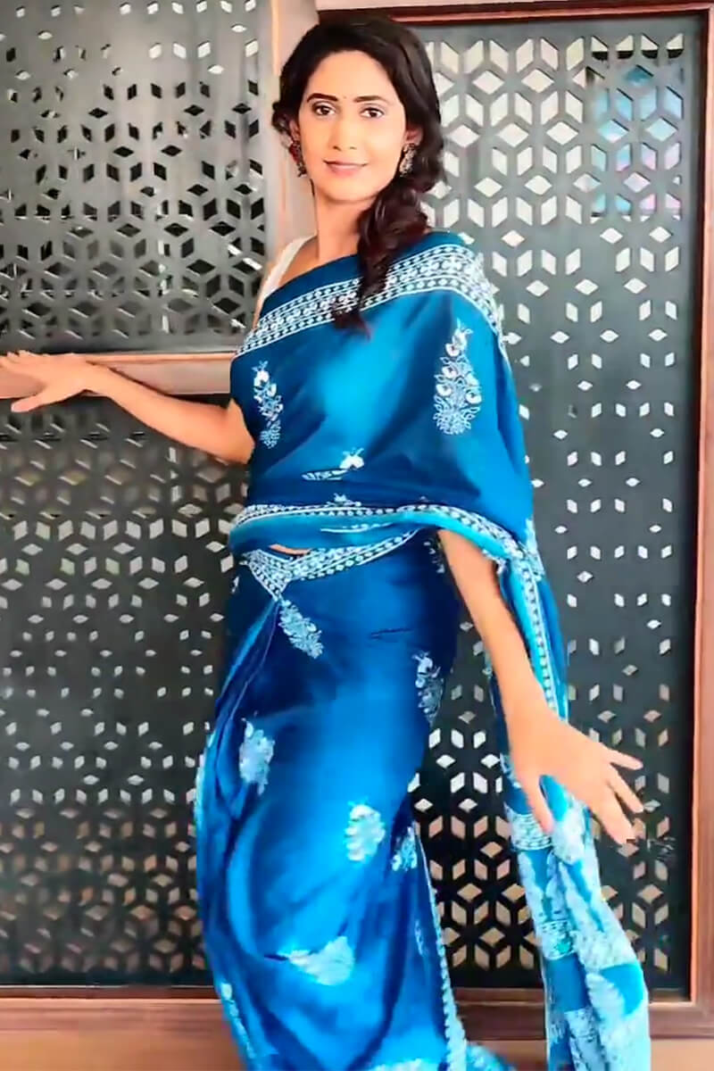 Gratifying 1 Minute Ready To Wear Blue Mul Cotton Digital Printed Saree With Pocket