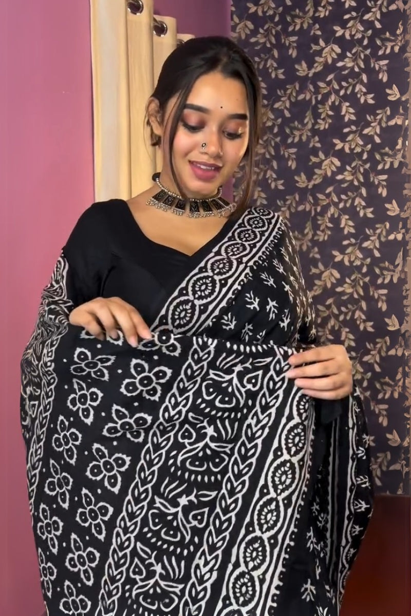 Ailurophile 1 Minute Ready To Wear Black Mul Cotton Digital Printed Saree