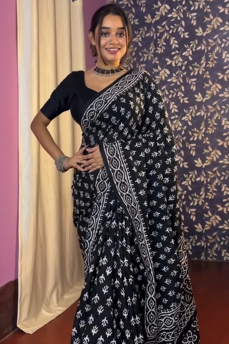 Ailurophile 1 Minute Ready To Wear Black Mul Cotton Digital Printed Saree