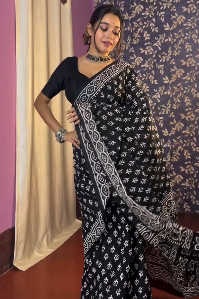 Ailurophile 1 Minute Ready To Wear Black Mul Cotton Digital Printed Saree