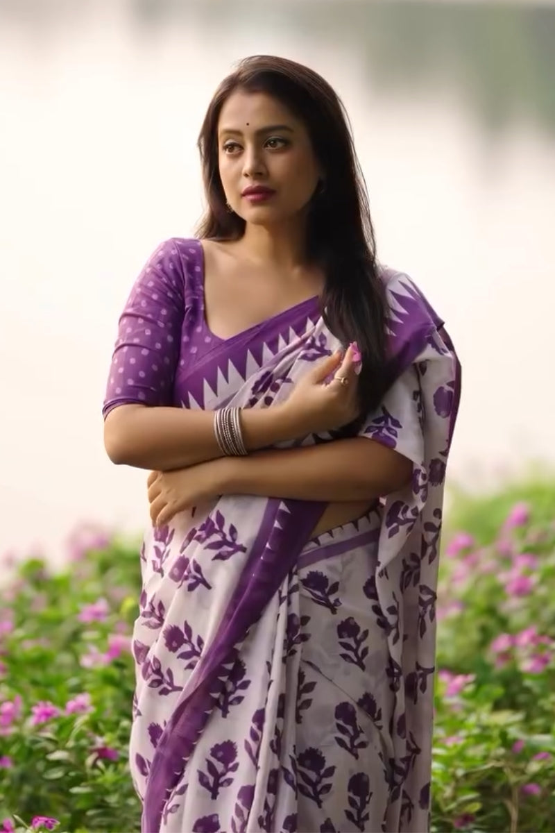 Devastating 1 Minute Ready To Wear White Mul Cotton Digital Printed Saree