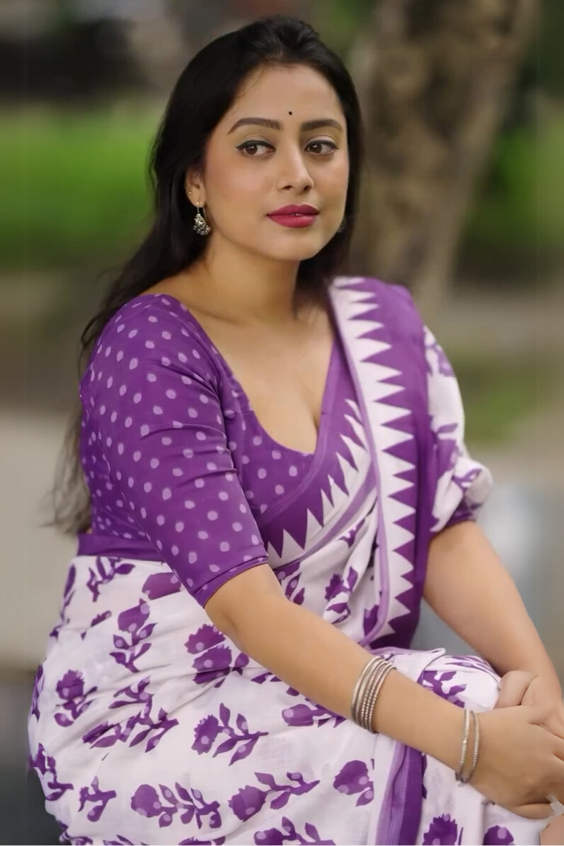 Devastating 1 Minute Ready To Wear White Mul Cotton Digital Printed Saree