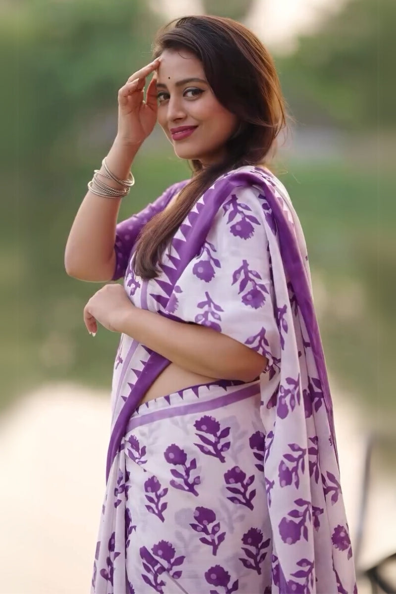 Devastating 1 Minute Ready To Wear White Mul Cotton Digital Printed Saree