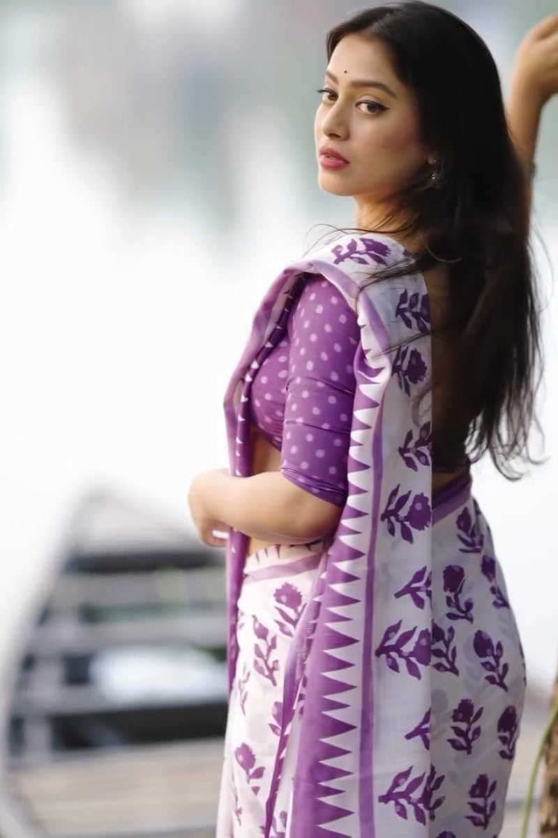 Devastating 1 Minute Ready To Wear White Mul Cotton Digital Printed Saree