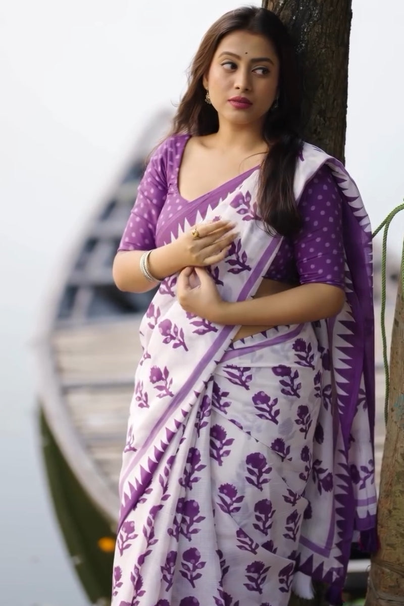Devastating 1 Minute Ready To Wear White Mul Cotton Digital Printed Saree