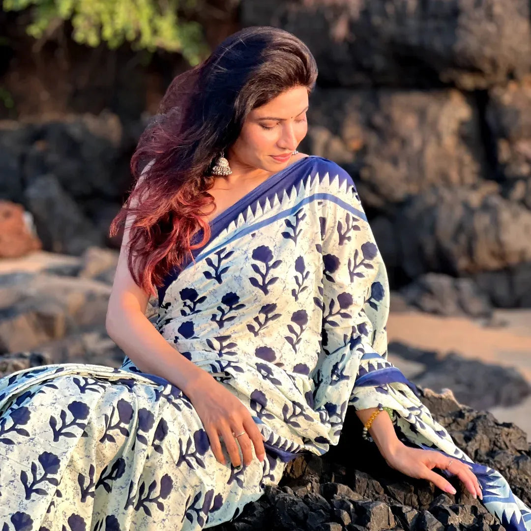 Mellifluous 1 Minute Ready To Wear Off White Mul Cotton Digital Printed Saree