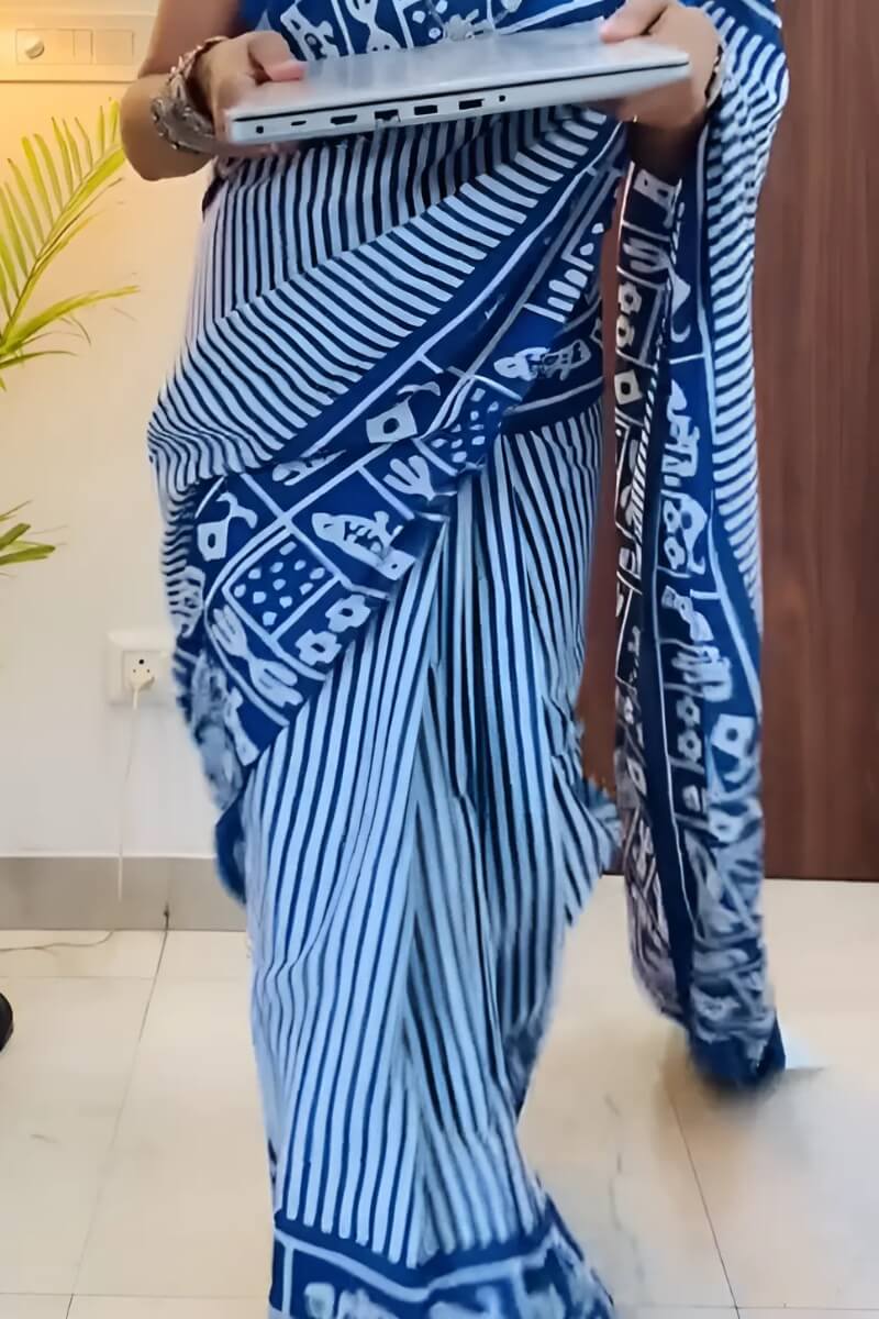 Assemblage 1 Minute Ready To Wear Blue Mul Cotton Digital Printed Saree