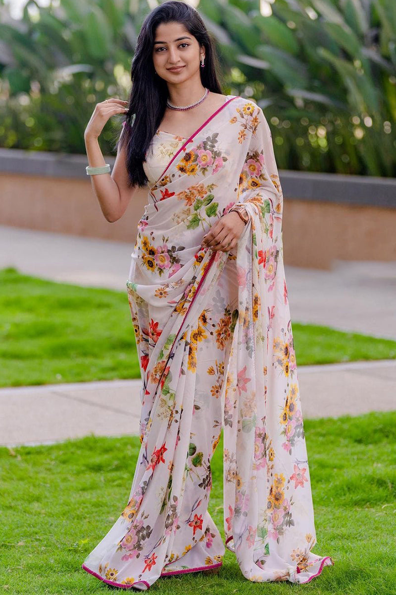 Elegant 1-Minute Ready To Wear White Georgette Saree