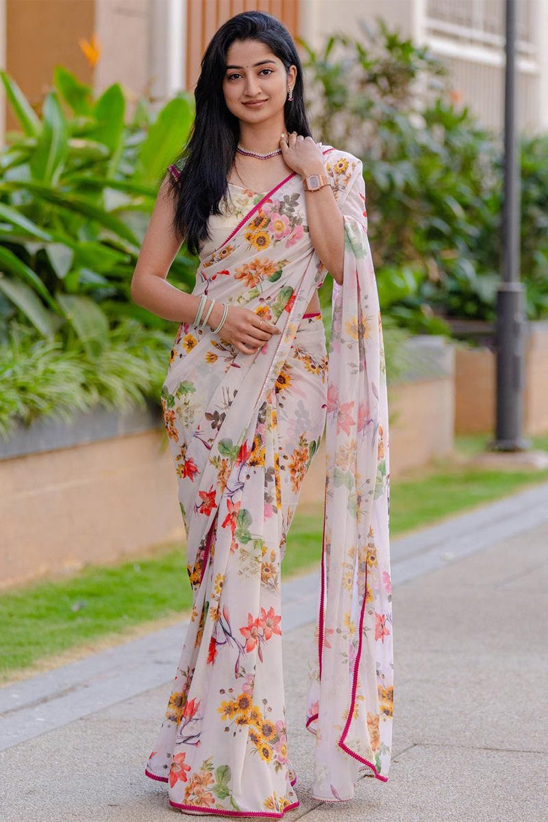 Elegant 1-Minute Ready To Wear White Georgette Saree
