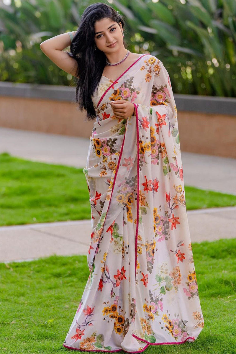 Elegant 1-Minute Ready To Wear White Georgette Saree