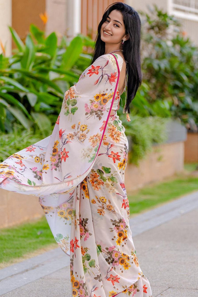 Elegant 1-Minute Ready To Wear White Georgette Saree