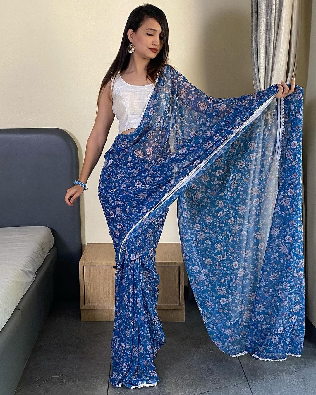 Enthralling 1-Minute Ready To Wear Blue Georgette Saree