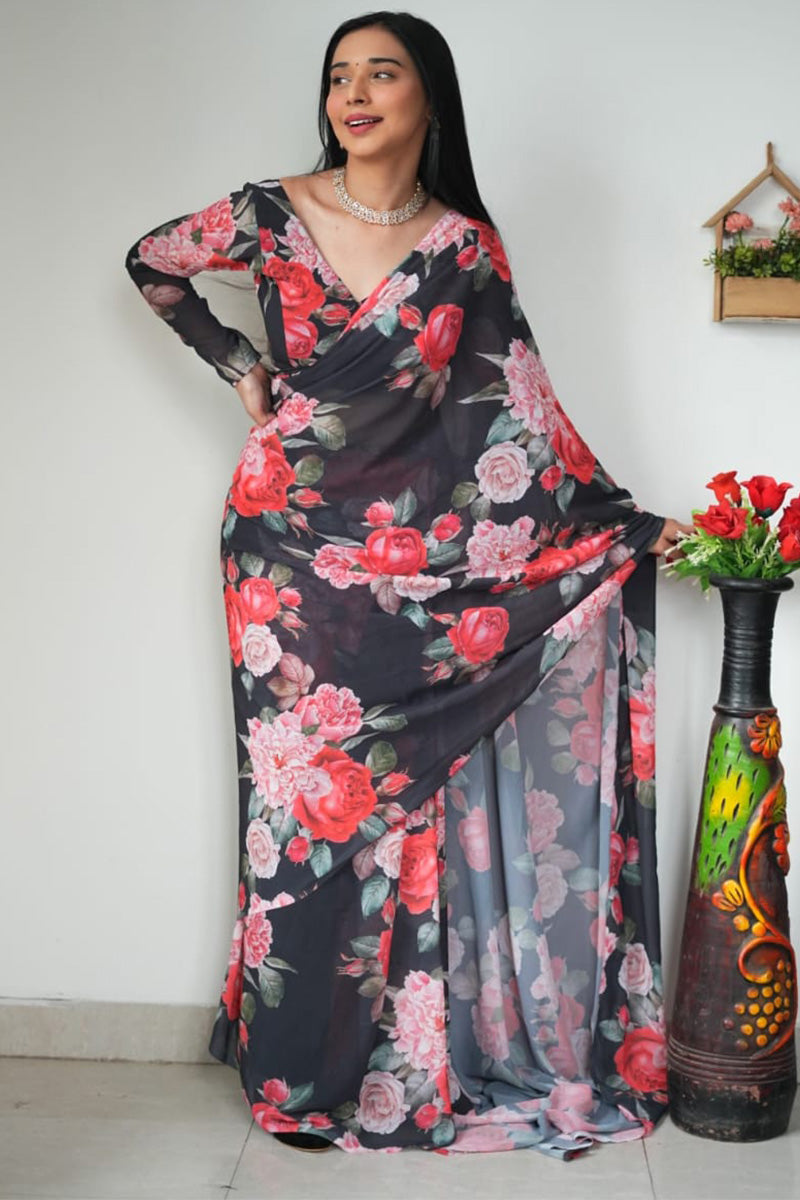 Luminous 1-Minute Ready To Wear Black Georgette Saree