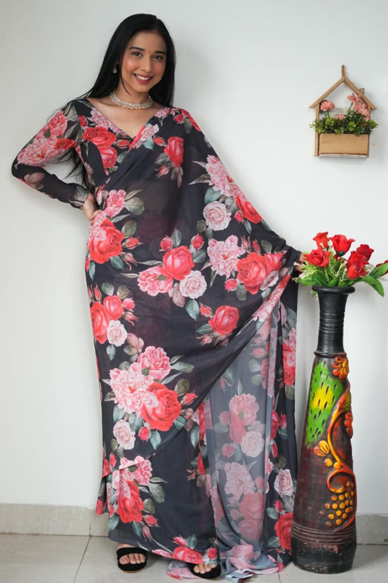 Luminous 1-Minute Ready To Wear Black Georgette Saree