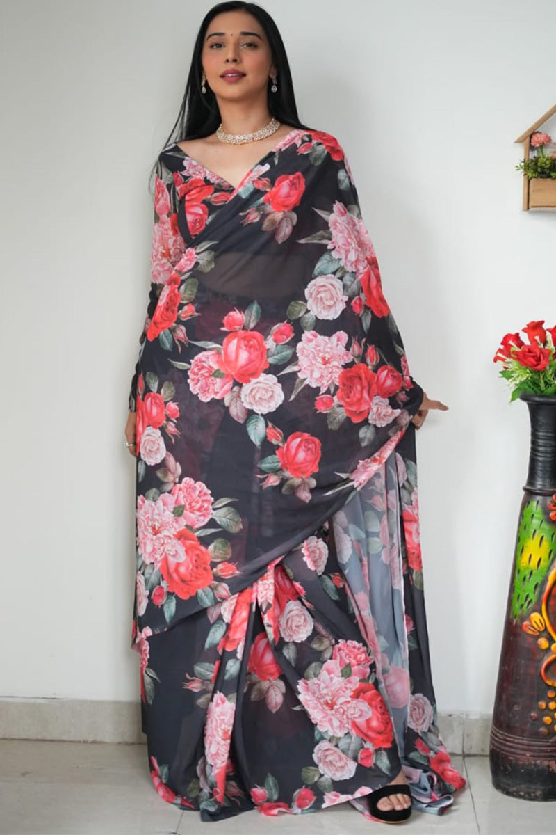 Luminous 1-Minute Ready To Wear Black Georgette Saree