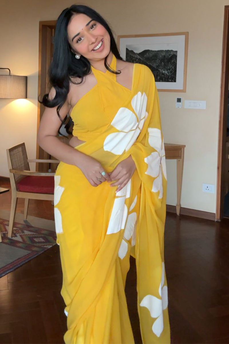 Piquant 1-Minute Ready To Wear Yellow Georgette Saree
