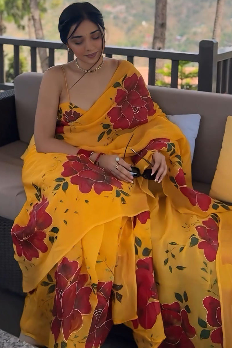 Embellished 1-Minute Ready To Wear Yellow Georgette Saree