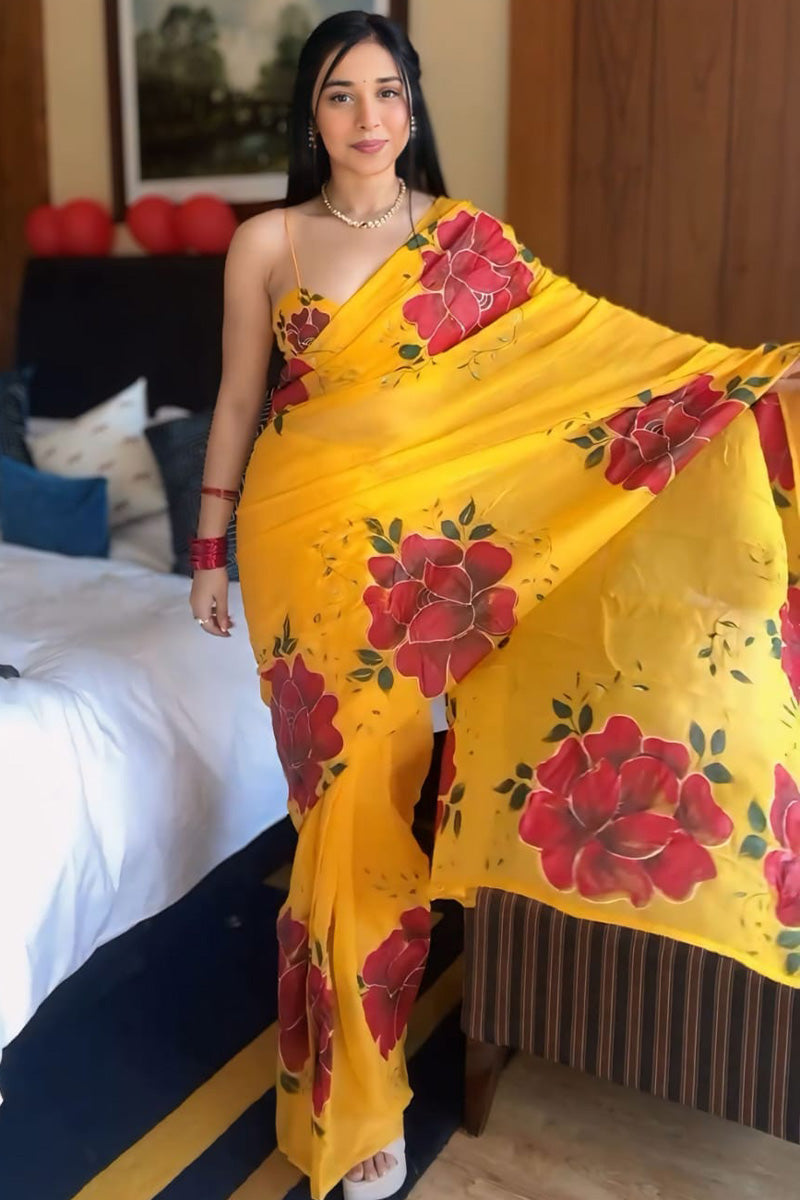Embellished 1-Minute Ready To Wear Yellow Georgette Saree