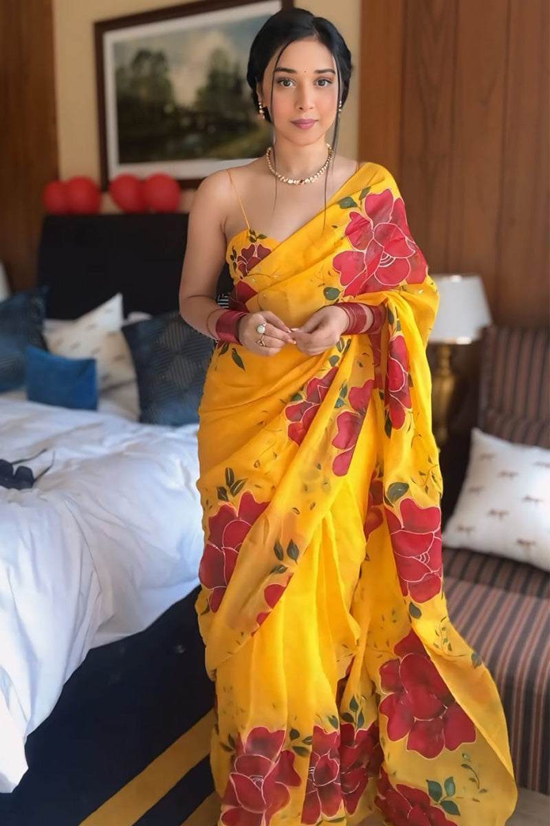 Embellished 1-Minute Ready To Wear Yellow Georgette Saree