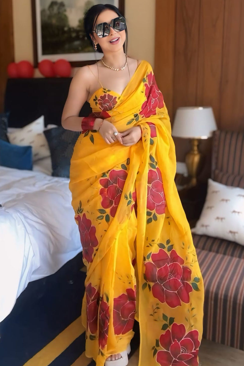 Embellished 1-Minute Ready To Wear Yellow Georgette Saree