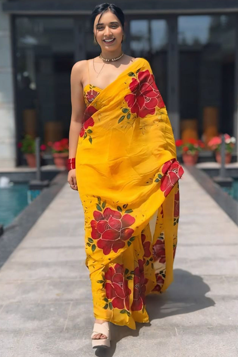 Embellished 1-Minute Ready To Wear Yellow Georgette Saree
