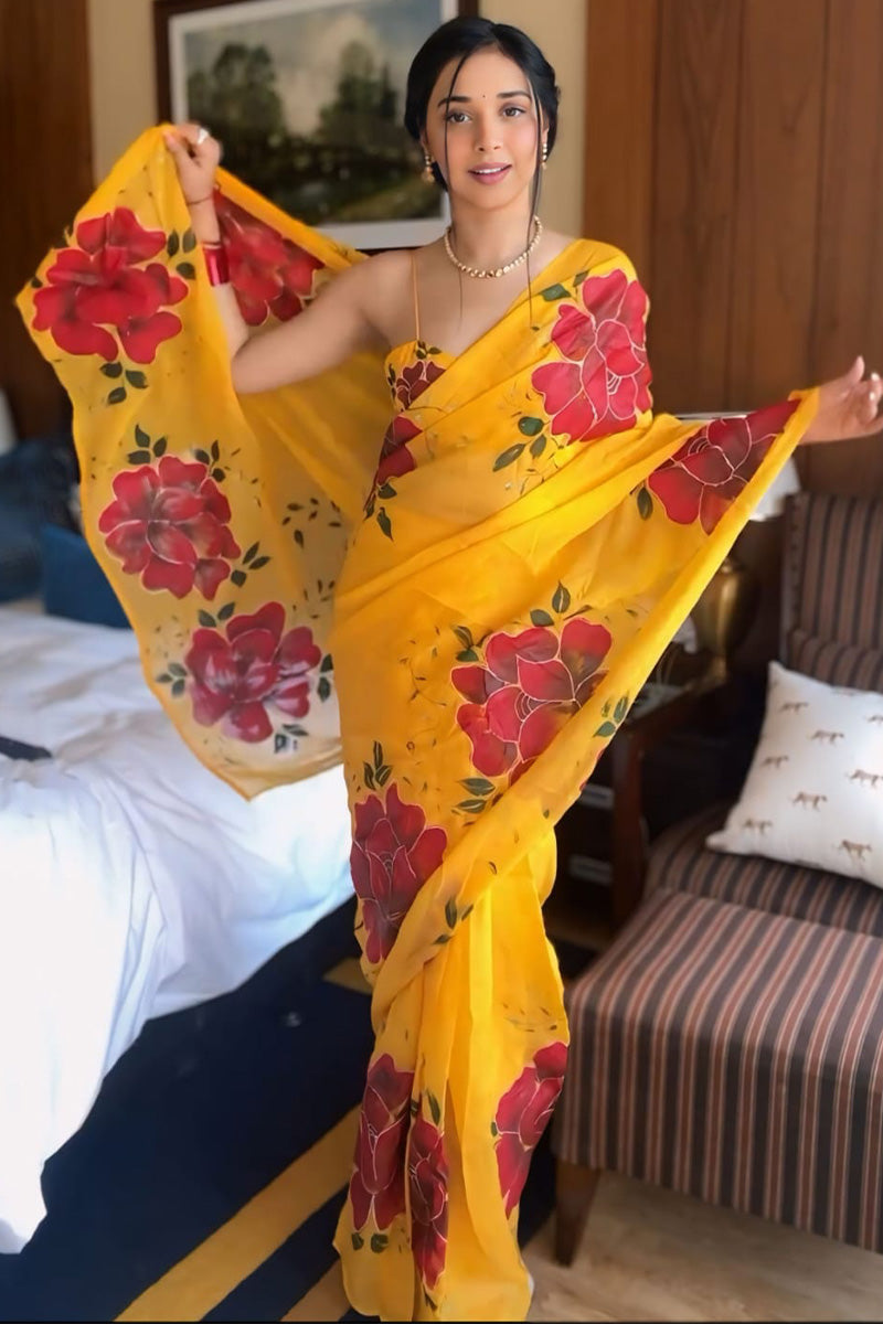 Embellished 1-Minute Ready To Wear Yellow Georgette Saree