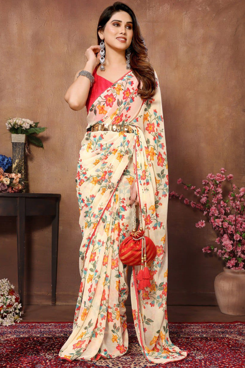 Enamoring 1-Minute Ready To Wear Beige Georgette Saree