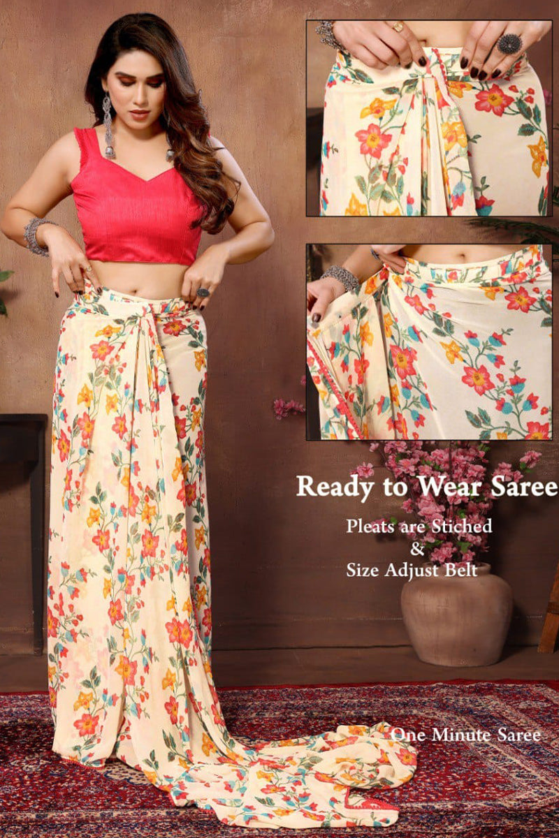 Enamoring 1-Minute Ready To Wear Beige Georgette Saree